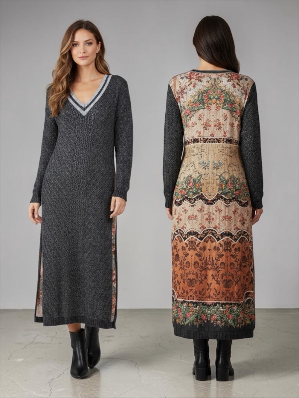 ARATTA Silent Journey Boho Grey Knit Front Floral Tapestry Back Maxi Dress L